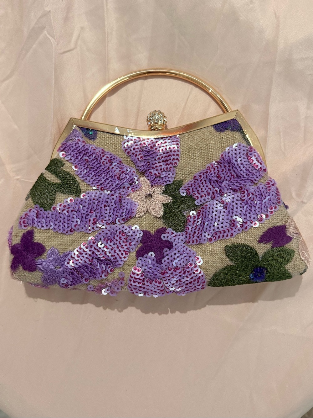 SHEIN Lavender Sequin Floral Clutch with Gold Frame
